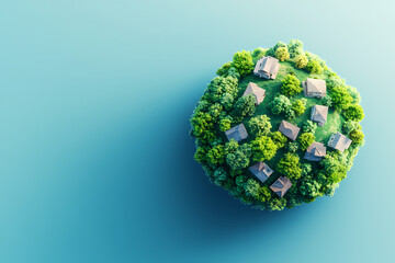 Miniature Eco-Village: Overhead view of a tiny village nestled amidst lush greenery, symbolizing sustainability and eco-friendly living on a vibrant blue backdrop.