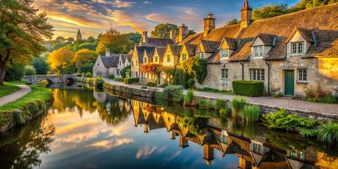 Fototapeta premium Idyllic Cotswolds Village: Arlington Row, Bibury, River Coln, England