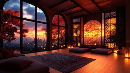 Fototapeta premium Serene sunset view from a luxurious living room with floor cushions and warm lighting.