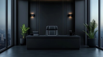 Modern Dark Office With City View And Minimalist Decor
