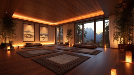 Serene yoga studio with warm lighting, minimalist decor, and mountain views. Perfect for relaxation and mindfulness.