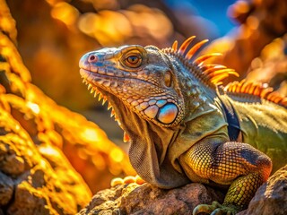 Fototapeta premium Iguana Lizard Sunbathing on Rocks - Stock Photo