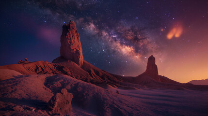 A captivating twilight view showcases towering rock formations against a starry sky filled with the Milky Way and vibrant colors, set in a tranquil desert environment.