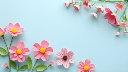 Fototapeta premium A vibrant arrangement of colorful paper flowers against a light blue background, creating a cheerful and artistic springtime vibe.