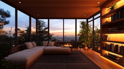 Fototapeta premium Relaxing evening in a modern, minimalist living room with stunning city views. Warm lighting creates a cozy atmosphere.