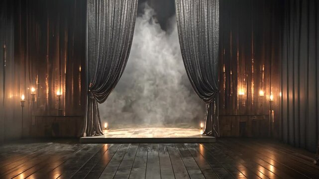 Dramatic theater stage with curtains and fog creating an atmospheric setting for a performance