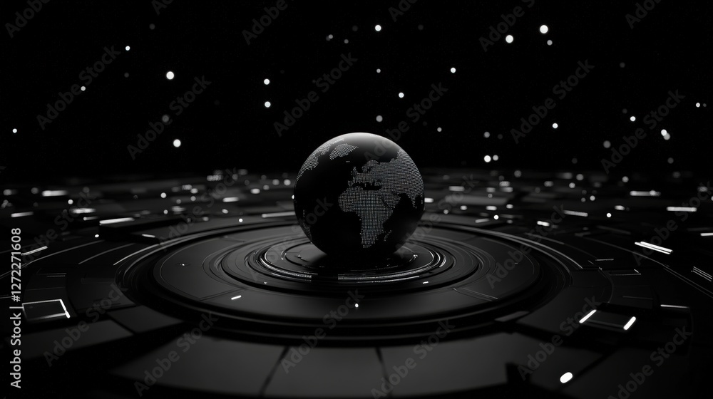 Poster a futuristic globe with a digital aesthetic, floating above a circular base in a dark, starry enviro