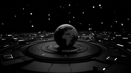 Fototapeta premium A futuristic globe with a digital aesthetic, floating above a circular base in a dark, starry environment. This visual captures the essence of innovation and global connectivity.