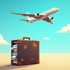 Air Travel Adventure: Retro Style Digital Illustration of Suitcase and Airplane for Vacation Planning and Holiday Wanderlust