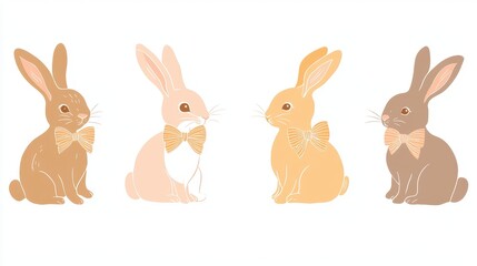 Obraz premium Easter bunny set, cute festive rabbits with decorative bows. Holiday collection of minimalistic style animals. Hand drawn flat design vector illustration.
