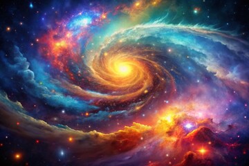 Obraz premium Impressionist Cosmic Galaxy: Swirling Nebula in Vibrant Hues, Dreamlike Drone Aerial