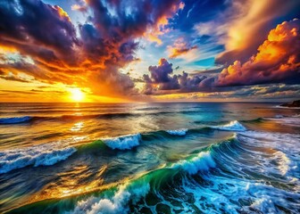Fototapeta premium Impressionist Sunset Ocean Waves: Aerial View Wallpaper for Desktop & Mobile