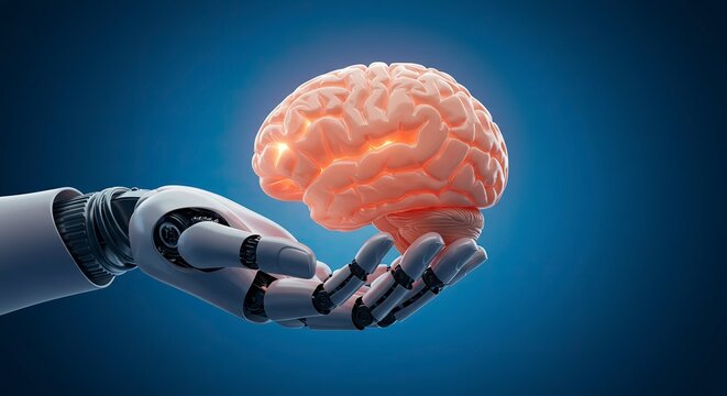 Robot Arm Holding Human Brain Representing Artificial Intelligence Technology Concept
