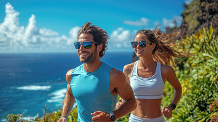 Fit couple running on scenic ocean cliff trail enjoying sunny outdoor exercise with breathtaking views and fresh coastal breeze