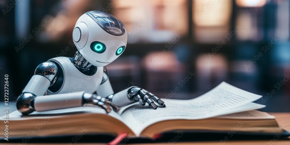 Poster explore the intersection of ai and advanced language models, illustrated by a robot writing in a boo