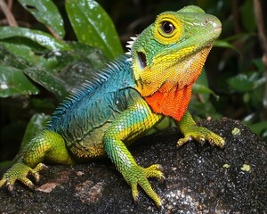 Obraz premium Vibrant lizard on a rock in a lush rainforest