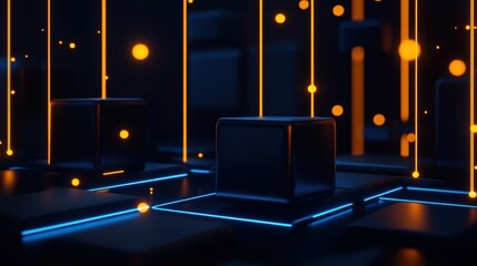 Obraz premium A futuristic digital landscape featuring glowing cubes and vibrant lines of light, representing innovation and the merging of physical and virtual worlds