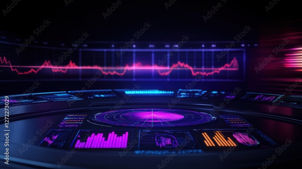 Aufkleber a futuristic digital interface showcasing vibrant graphs and data visualizations in neon colors