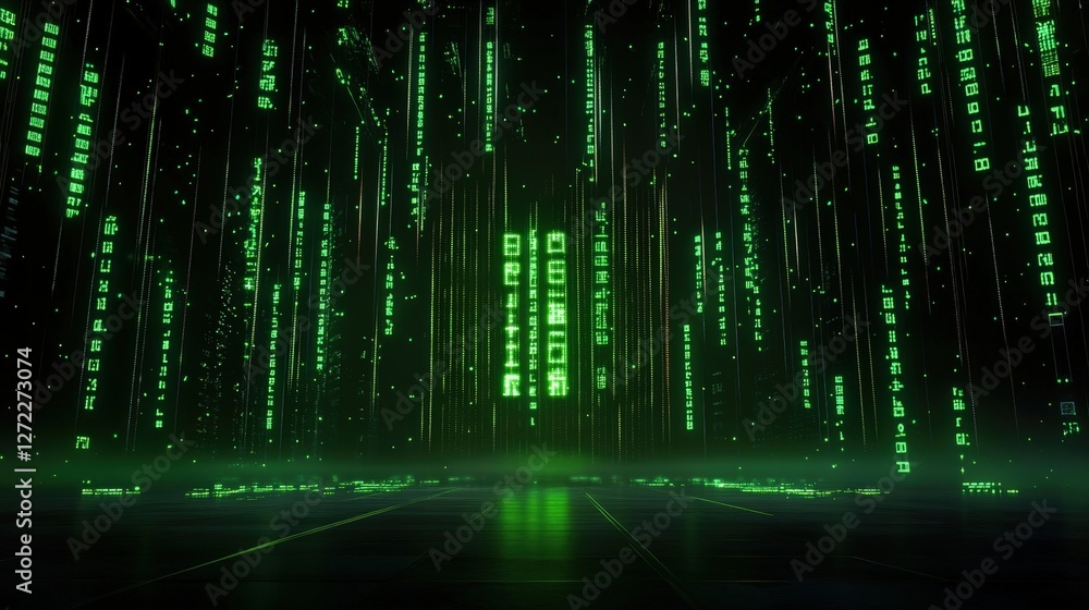 Poster a futuristic digital landscape, filled with vibrant green binary code