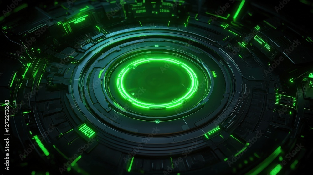 Poster a futuristic digital interface featuring vibrant green lights and intricate patterns. this high-tech