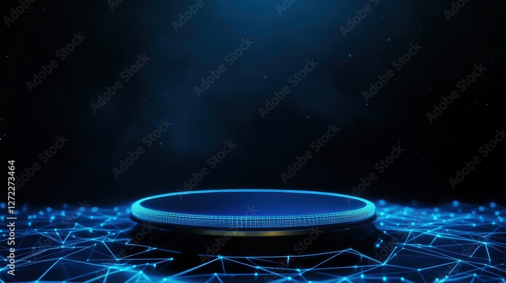 Aufkleber a futuristic digital display platform with a glowing blue edge, set against a dark background of int