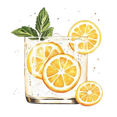 A simple, artistic illustration of a glass of sparkling water with lemon slices and mint leaves, subtle watercolor effect, transparent background, PNG