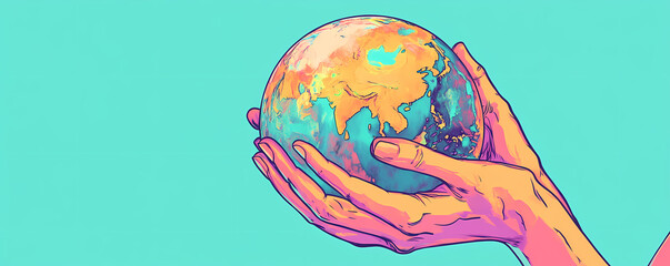 Holding Our World: A pair of hands delicately cradling a vibrant globe, symbolizing care, protection, and the interconnectedness of our planet in a visually compelling artwork.
