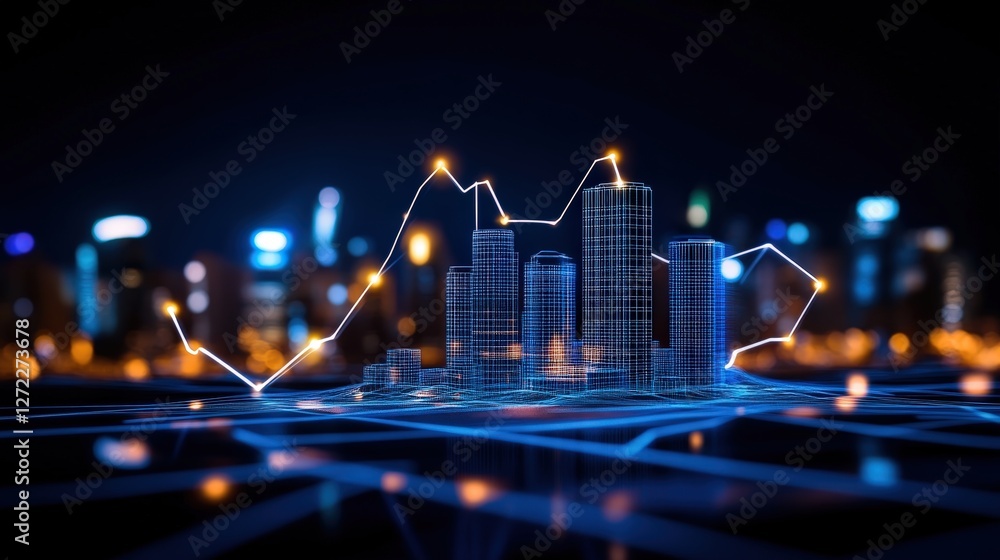 Poster a futuristic digital city skyline with glowing graph lines, representing data analysis and urban dev