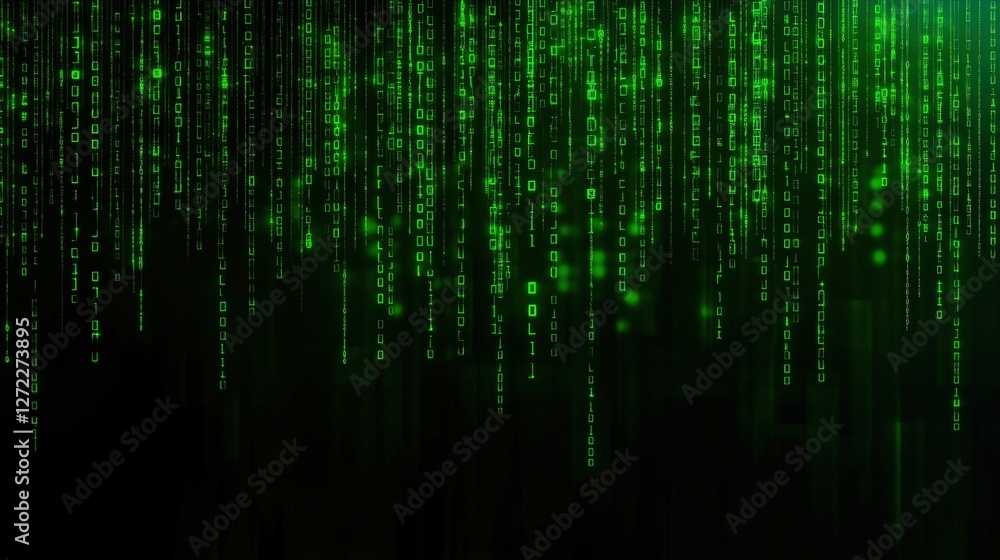 Poster a futuristic digital background featuring cascading green data streams reminiscent of cybernetic the