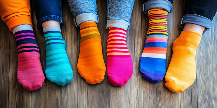 Closeup of human feet in not matching colored socks. Support and awareness of people with Down syndrome. March 21.