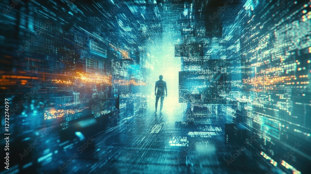 Poster silhouette of a hacker walking in a cyberspace corridor protecting data flow, surrounded by digital 