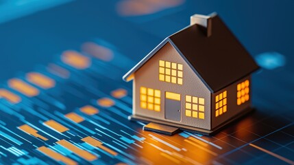 A miniature house model sits illuminated on a digital background, symbolizing the intersection of real estate and technology.