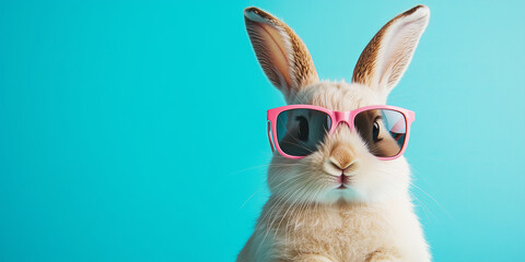 Cute fluffy rabbit in sun glasses on bright colorful background