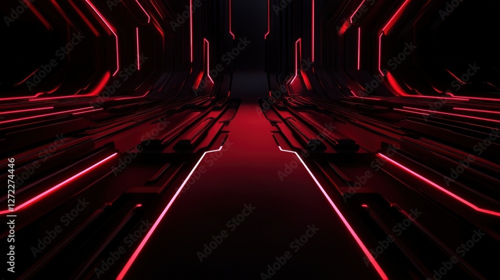 Poster a futuristic corridor illuminated by vibrant red lights. the sleek design and glowing lines create a
