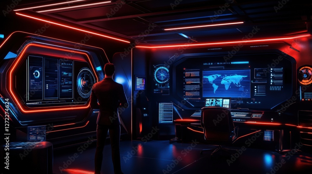 Poster a futuristic control room with neon lights and advanced technology, showcasing a person analyzing da