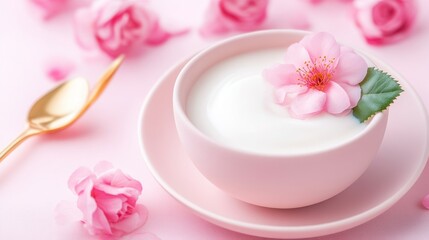 Creamy yogurt in a pink bowl decorated with cherry blossom