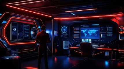 Obraz premium A futuristic control room with neon lights and advanced technology, showcasing a person analyzing data on multiple screens, highlighting innovation and modern design in digital env