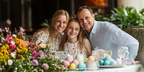 Happy family of three enjoying Easter breakfast in a white sunny dining room