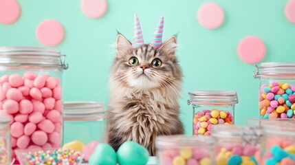 A cute cat with unicorn horns sits among colorful candies, jars, and pastel decorations, creating a whimsical and festive atmosphere.