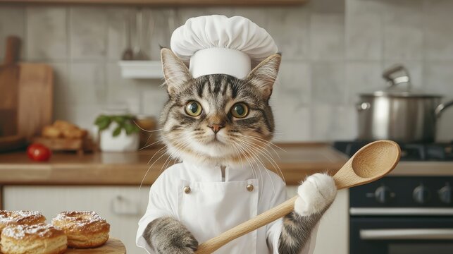 A cute cat dressed as a chef stands in a kitchen, holding a wooden spoon, surrounded by baked goods, showcasing a whimsical culinary scene.