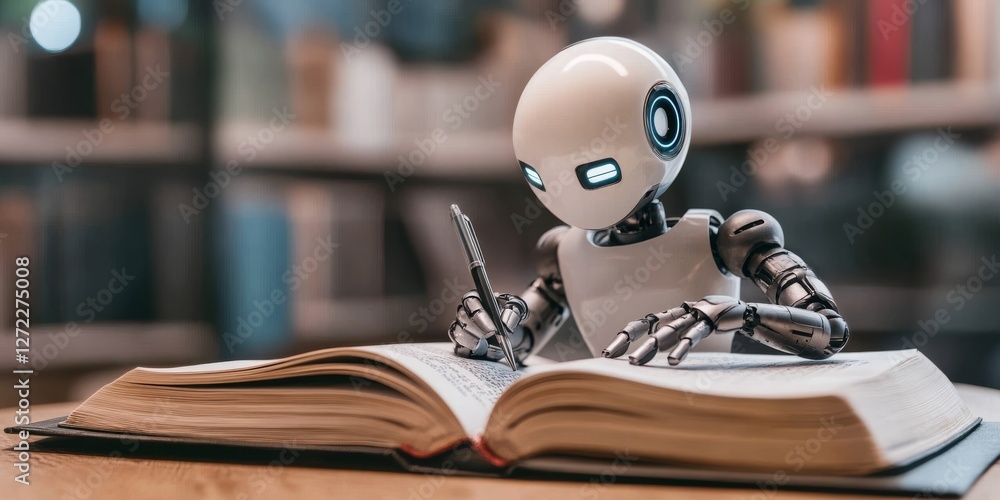 Poster a sophisticated robot writes in a crafted book, symbolizing ai advancements, including complex langu