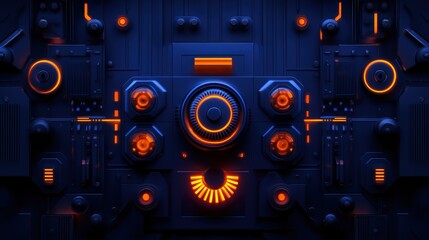 Fototapeta premium A futuristic control panel featuring glowing orange and blue interfaces. This abstract image represents advanced technology and modern design, ideal for innovation-themed projects.