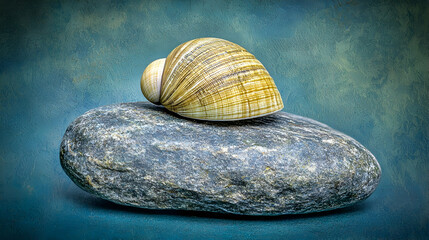 Seashell resting on rock against teal backdrop, studio shot, peaceful nature scene, ideal for meditation or spa advertising