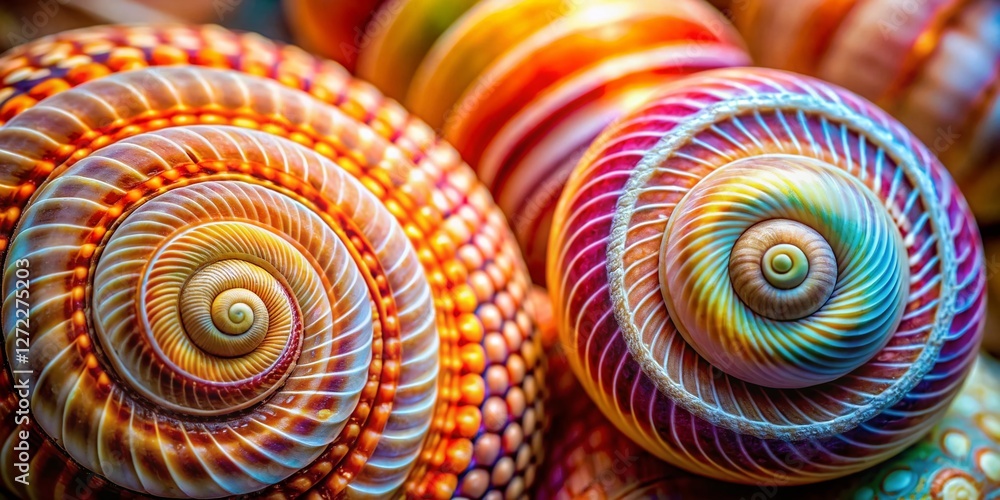 Poster intricate spiral seashells: close-up portrait photography of unique shell patterns and natural color