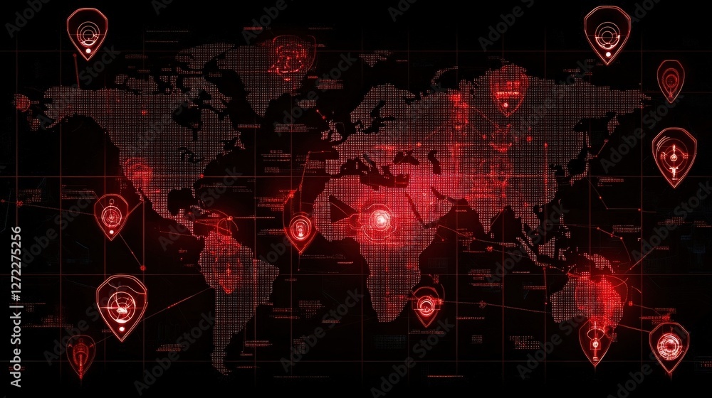 Poster red digital world map featuring location pins and data streams, highlighting global cyber security t