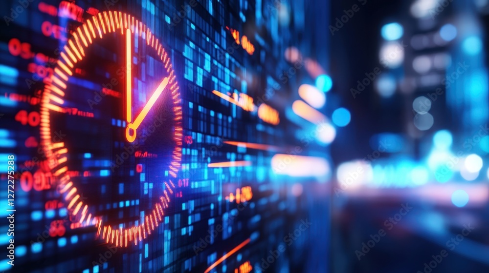 Poster a futuristic close-up of a digital clock displaying time amidst vibrant blue and orange lights, enca