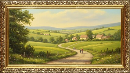 Rural Scene in Frame: A picturesque framed landscape painting showcases a winding road through rolling green hills, leading to charming country homes under a bright sky.