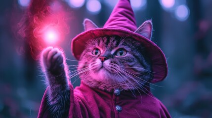A whimsical cat in a magical hat conjures a glowing orb, surrounded by an enchanting forest atmosphere.