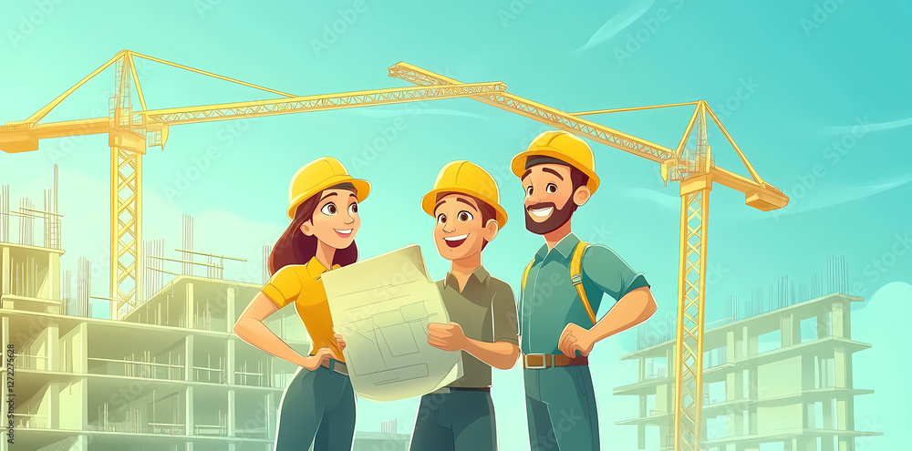 Poster construction team's blueprint: a team of architects and engineers huddle around a blueprint at a con