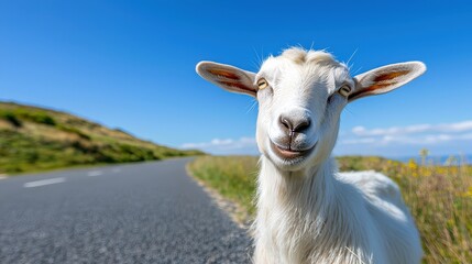 Obraz premium A smiling goat stands on a road under a clear blue sky, surrounded by greenery, capturing a joyful and serene rural scene.